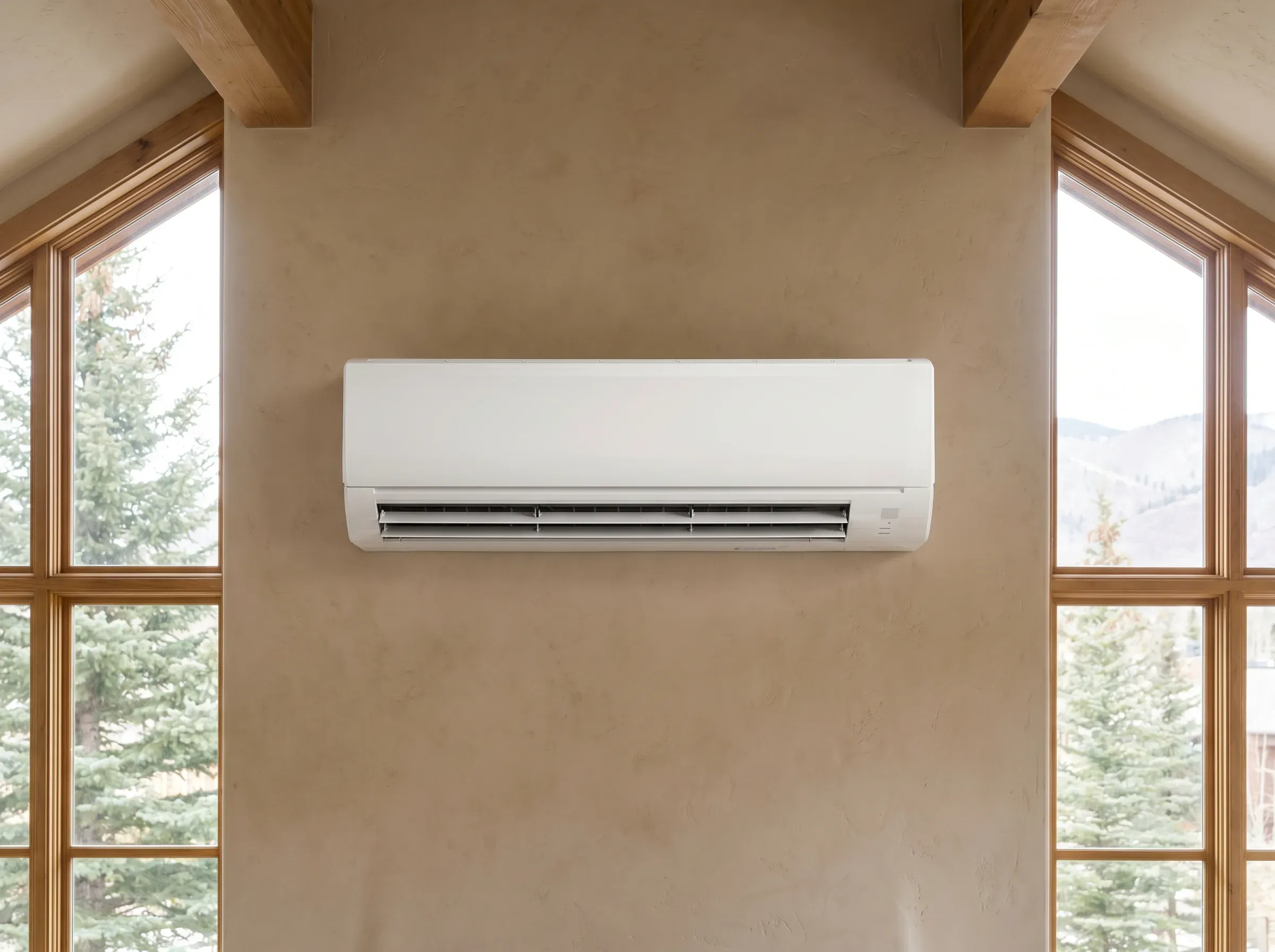 Indoor mini-split head wall-mounted in vaulted living room.