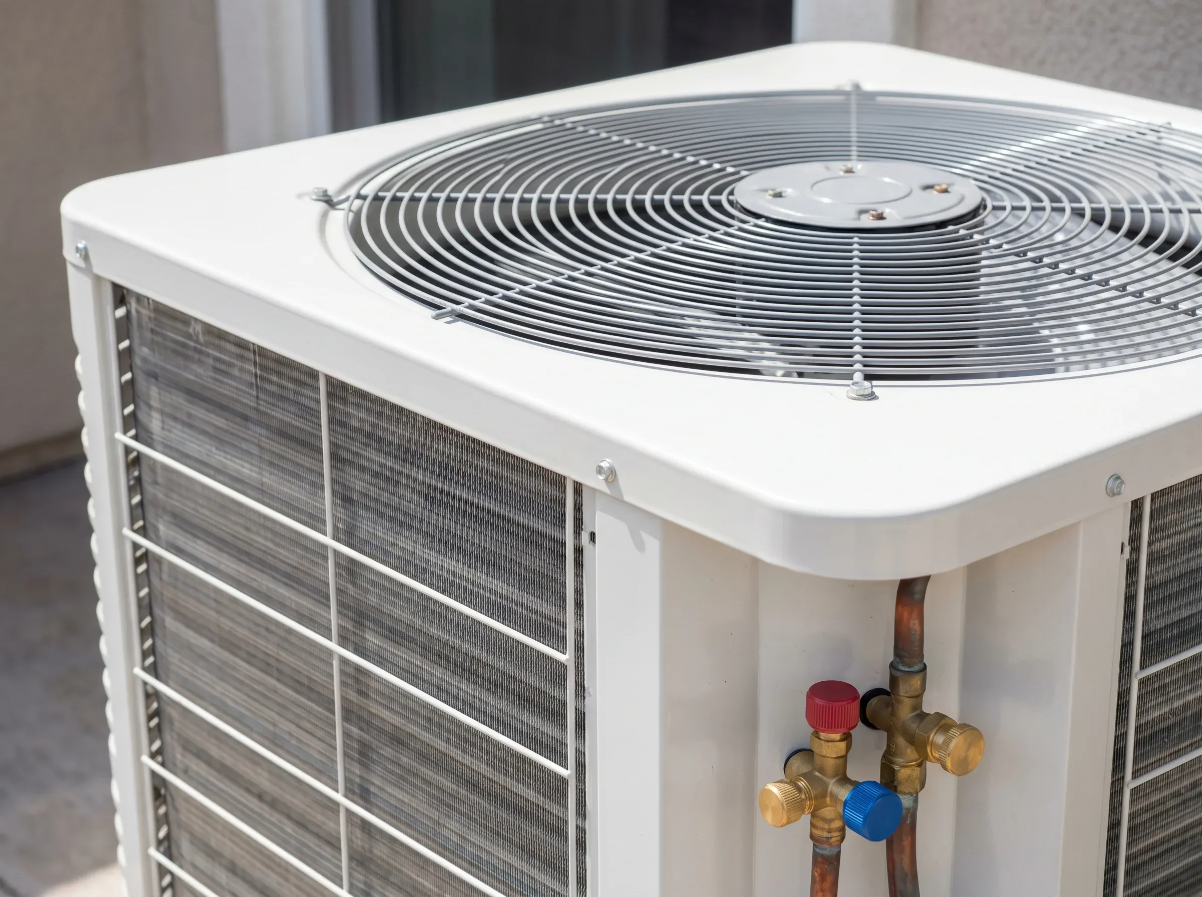 Outdoor heat pump unit on cedar deck with mountain backdrop.