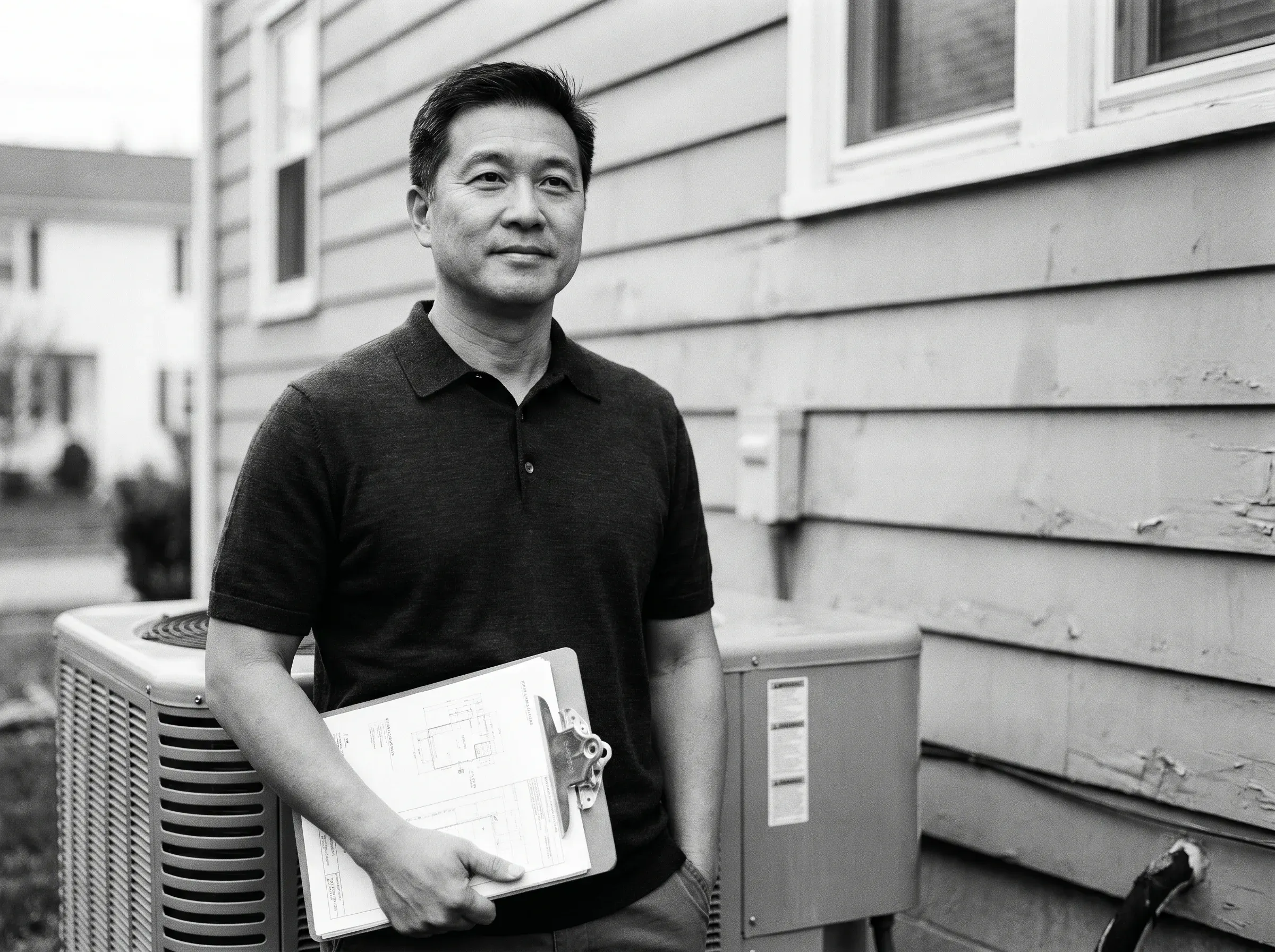 Black-and-white environmental portrait of Andrew Ho.