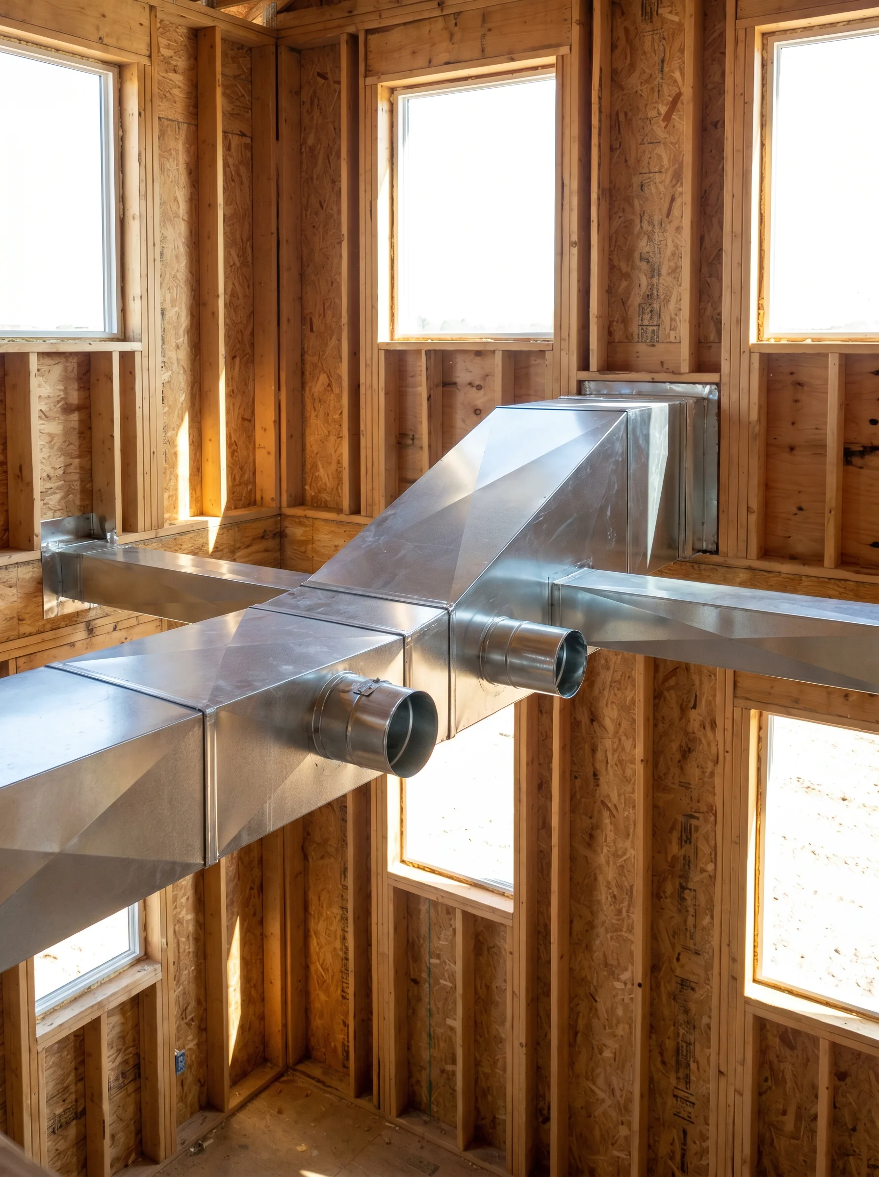 Wood framing and exposed ductwork rough-in at a residential construction site at golden hour.