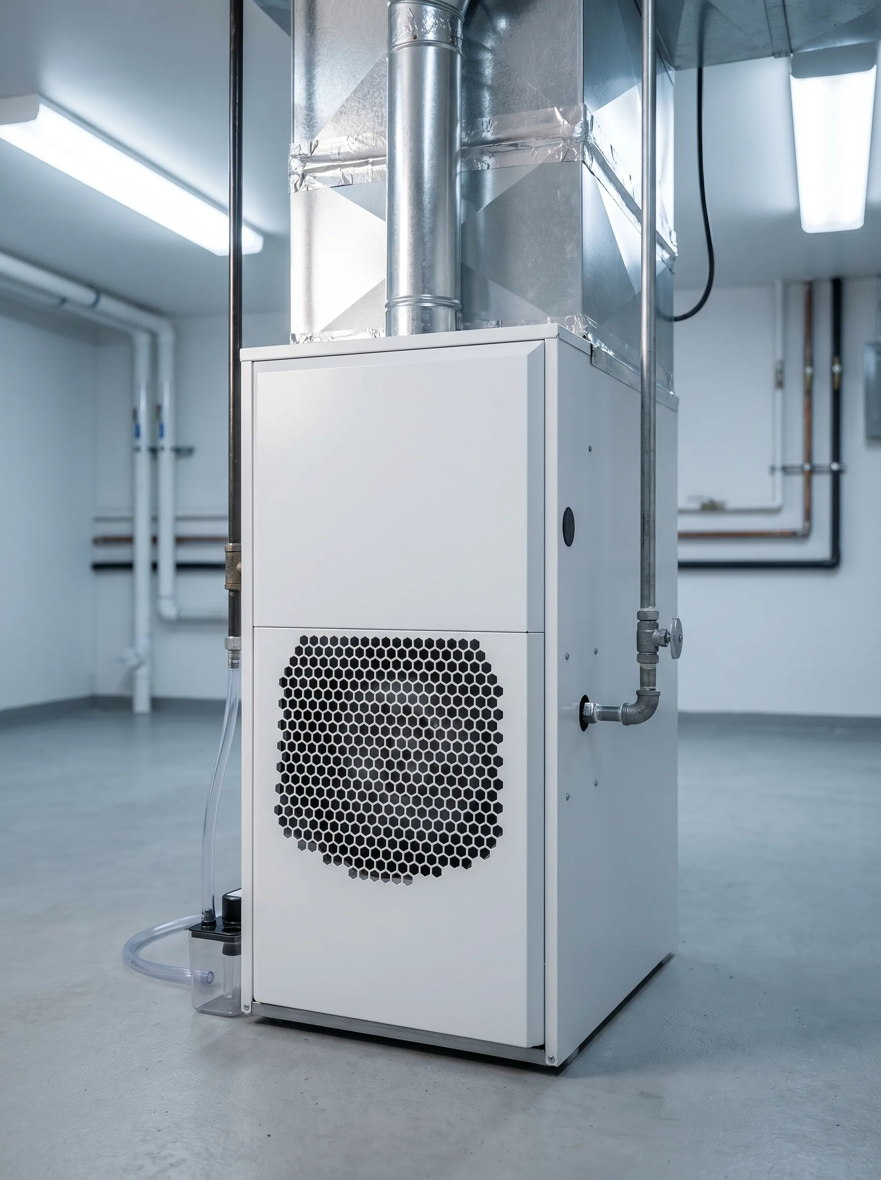 High-efficiency gas furnace newly installed in a clean basement mechanical room.