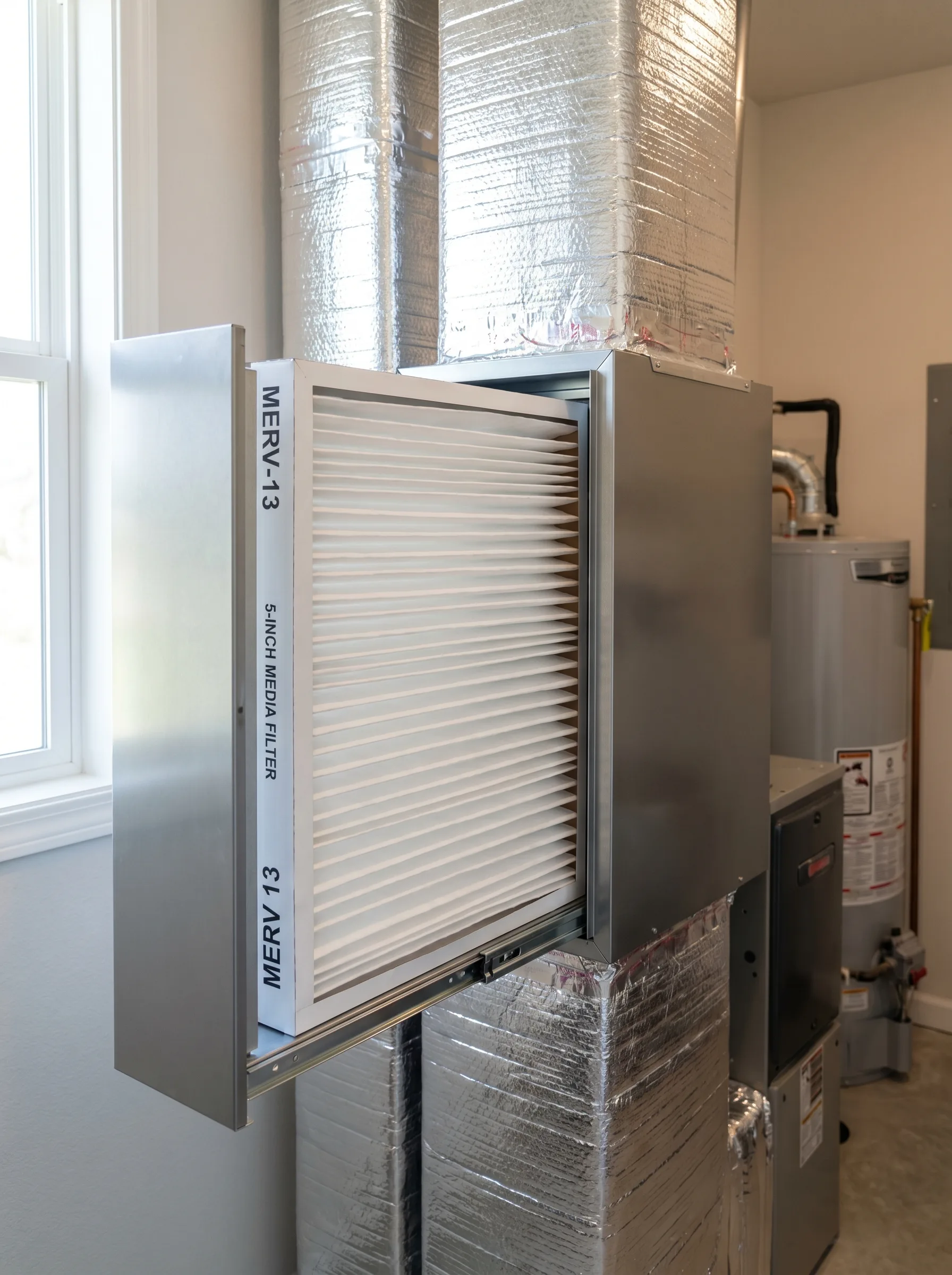 Modern HEPA filter cabinet in a residential mechanical closet with foil-faced ductwork above.